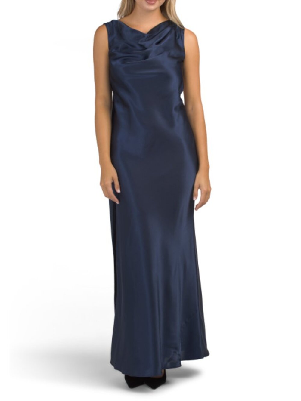 BETSY & ADAM Navy Long Charmeuse Open Back Gown
